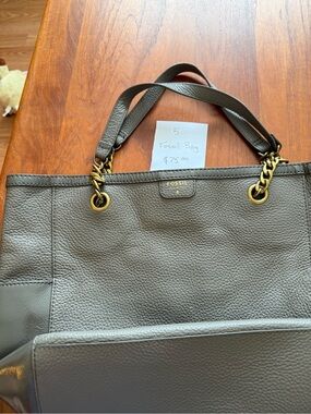 Fossil Leather Tote in Gray with Gold Hardware